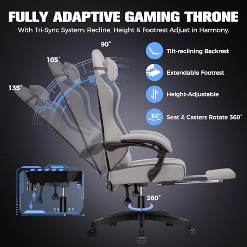 GTPLAYER Gaming Chair, Ergonomic Computer Chair with Footrest and Lumbar Support, High Back Recliner Chair 350lbs, Height Adjustable for Home Office, Grey