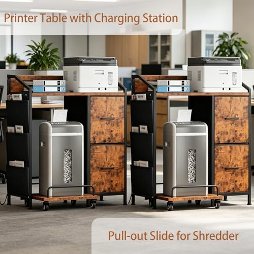 Printer Stand with Fabric Drawers, Lateral Office Filing Cabinets with Power outlets & USB Charging Port, File Cabinet with Large Printer Stands for Home Office, Shredder Stand (Rustic Brown)