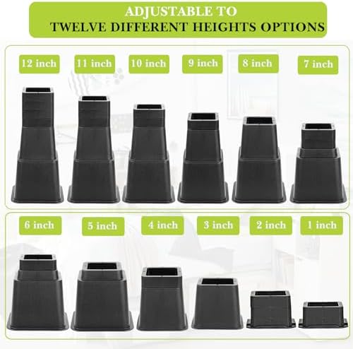 28 PCS Bed Risers 12 Inch Heavy Duty, Adjustable Furniture Risers up to 12 Inch Lift 12 Heights Options 1, 2, 3, 4, 5, 6, 7, 8, 9, 10, 11, 12 Inch for Couch, Sofa, Table Bed Frame Legs Dorm, Black
