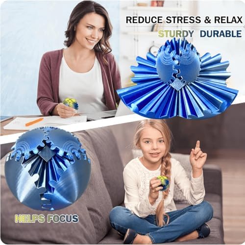 Gear Ball 3D Printed Spin Ball Cube Fidget Toys, Gear Sphere Fidget Toy, GearSphere Desk Toy Stress Fidget Balls, Fidgets Spinners for Adults & Kids Anxiety Relaxing (Laser Silver Blue, 2.3 Inch)