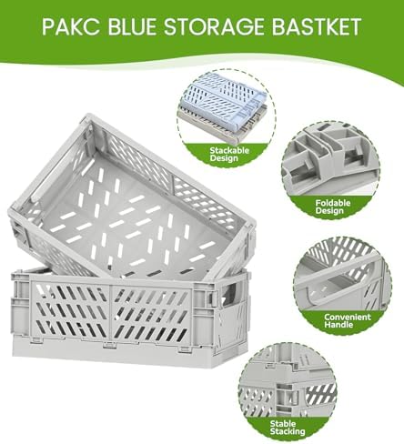HUUSMOT 4-Pack Collapsible Plastic Storage Baskets, Grey, 9.8"x6.5"x3.8"