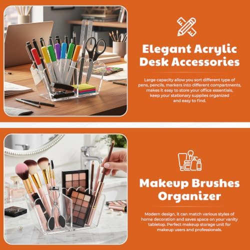 Clear Acrylic Pen Holder,2-Compartment Scalloped Desk Caddy