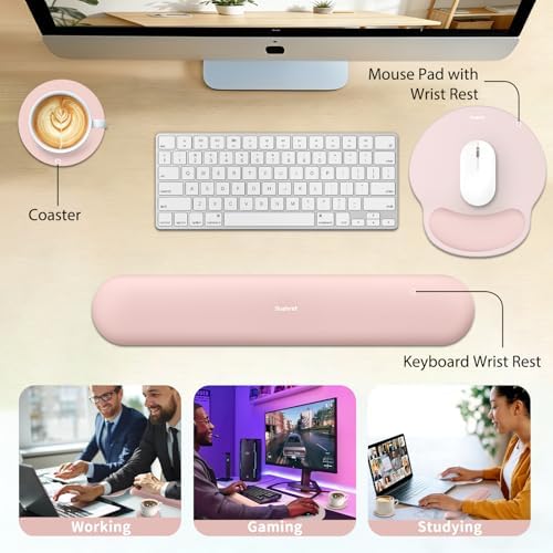 Sushret Mouse Pad and Keyboard Wrist Rest, 3-in-1 Gel Memory Foam Ergonomic Mouse Pad with Wrist Rest Set, Gaming Mousepad Arm Cushion Support for Computer Office Desk Accessories Cute Setup, Pink