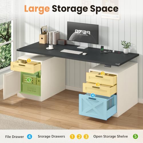 YOMILUVE 60" Farmhouse Electric Standing Desk with Drawers for Home Office