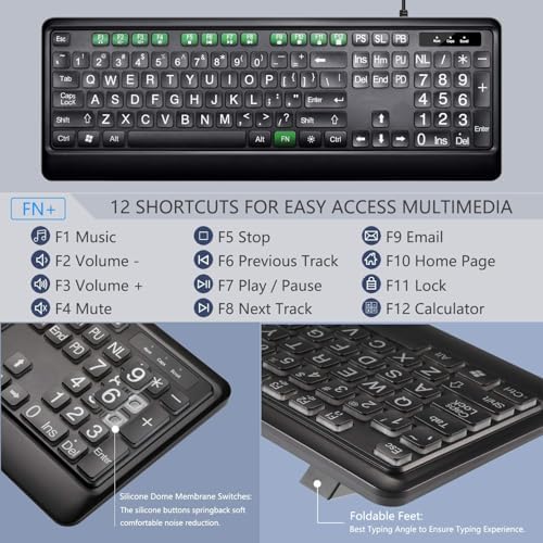 KOPJIPPOM Large Print Backlit Keyboard, USB Wired Computer Keyboard, Full Size Keyboard with White Illuminated LED Compatible for Windows Desktop, Laptop, PC, Gaming, Black