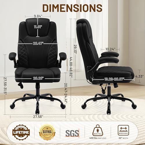 Ergonomic Office Chair, PU Leather High Back Executive Chair with Adjustable Inflatable Lumbar Support and Padded Flip-Up Arms, Recline Swivel Task Computer Chair for Home Office, Black