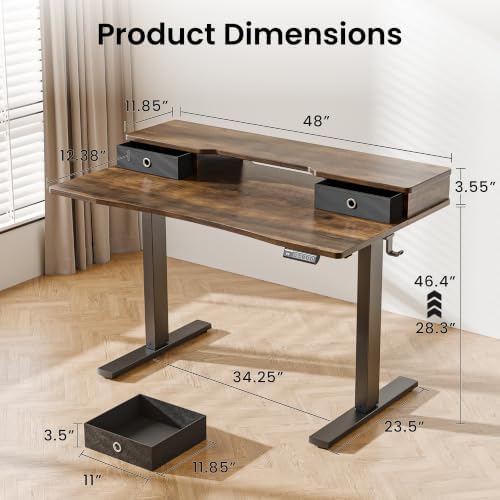 Realbear 48x24 Inch Electric Standing Desk with Drawers, Rustic Walnut