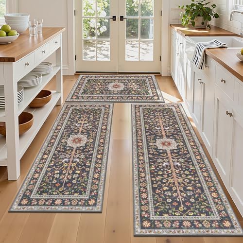 HEBE Two Types of Kitchen Rugs Made from Different Materials—Anti Fatigue Kitchen Rug Sets 2 Piece and Boho Kitchen Rugs Sets of 3 Non Slip Washable