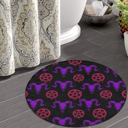 Large Home Decor Mat, Soft Round Yoga Carpet, Non Slip Machine Washable Kitchen Office Circle Rug Mystical Ram Skull, 24inch