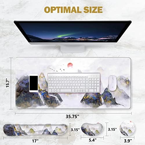 ToLuLu Extended Gaming Mouse Pad, Memory Foam Ergonomic Keyboard Mouse Wrist Rest Support Set, Large Desk Mat with Stitched Edges, Non-Slip Base Mousepad for Home Office Game Study, Ink Mountain