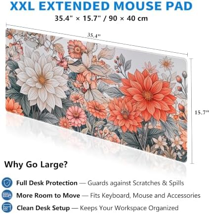 Extended Minimalist Flowers Desk Mat, XXL Large Gaming Mouse Pad, Aesthetic Florals Stitched Edges Waterproof with Non-Slip Rubber Base for Computer Keyboard Laptop Work Home Office 35.4"x15.7"