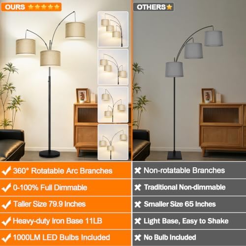 Nintiue Dimmable Floor Lamp, 3 Lights Black Arc Floor Lamp, Modern Tall Standing Tree Lamp with Champagne Linen Shades & Heavy Base, 3000LM LED Bulbs, Bright Lighting for Living Room, Bedroom, Office