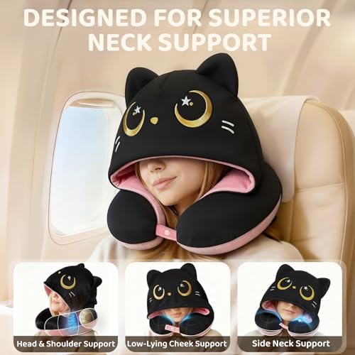 Mewaii Travel Neck Pillow, Airplane Pillow with Hood, Memory Foam, Pink