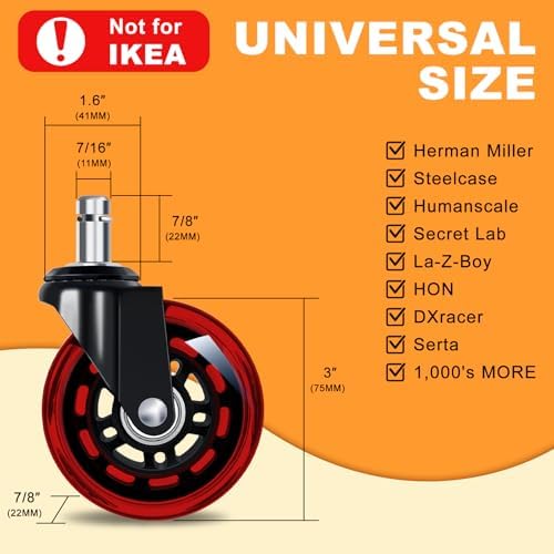 Office Chair Wheels for Casters Replacement - 3" Rubber Wheels for Computer Gaming Desk Caster Smooth & Safe Rolling for All Floors Including Hardwood and Carpet - Set of 5 - Red