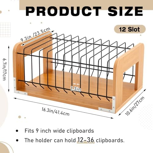 1 Pcs Vertical Clipboard Holder, 12Slot Clipboard Storage Rack, Bamboo Wood