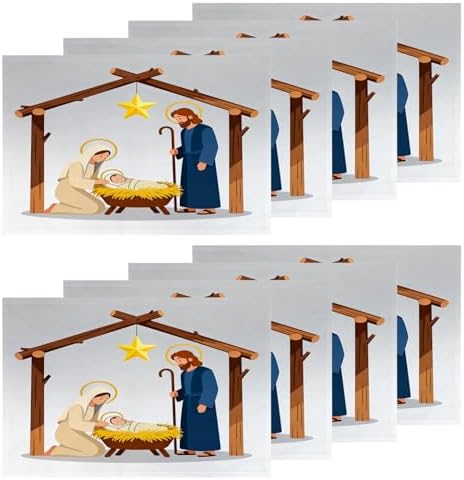 Shrahala Christmas Christ Scene Set of 8 12 X 18 Inch Linen Placemats, Merry Christmas Concept with Holy Burlap Table Mat Washable Double Layered Heat Insulation for Indoor/Outdoor