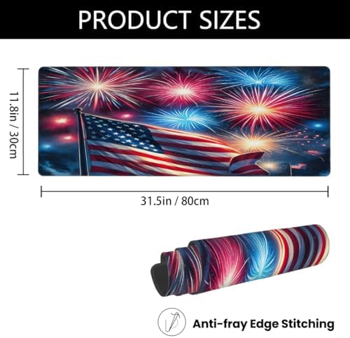 Large Mouse Pad American Flag Fireworks Non-Slip Rubber Long Gaming Desk Mat Big Computer Keyboard Mousepad Waterproof Protector Wristing Pad for Gaming Office Home Decorative 31.5 X 11.8 Inch
