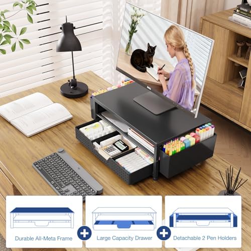 OPNICE Desk Organizers and Accessories, Computer Monitor Stand Riser with Drawer and 2 Pen Holders, Printer & Laptop Stand, Office Desk Accessories & Workspace Organizers for Home Office Supplies, Black 2-Pack
