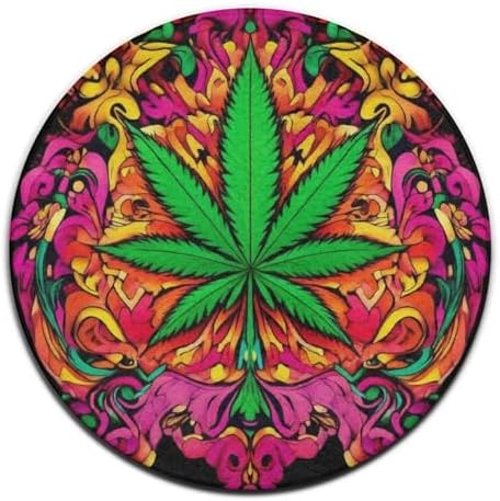 Room Sofa Yoga Soft Round Carpet, Home Decor Non Slip Kitchen Office Circle Rug, Machine Washable Modern Round Area Rug Trippy Green Weed Leaf Art, 24inch