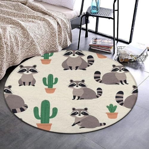 Large Home Decor Mat, Soft Round Yoga Carpet, Non Slip Machine Washable Kitchen Office Circle Rug Cactus Cute Cartoon Raccoons