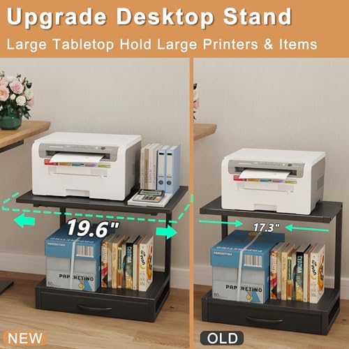 YAOHUOO 2-Tier Desktop Printer Stand with Fabric Drawer,19.6"x14.9" Black