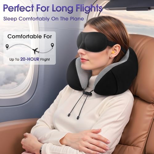 CloudBliss Memory Foam Travel Neck Pillow Airplane, Set of 2, Black & Pink