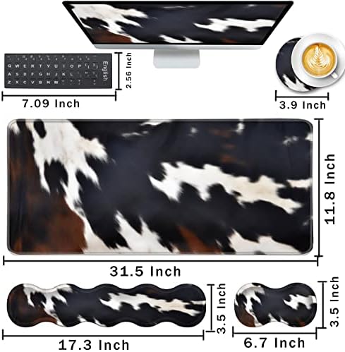Keyboard Wrist Rest and Mouse Pad with Wrist Support Set Ergonomic Coaster,Memory Foam,Easy Typing Pain Relief,Large XL Desk Mat 31.5"x 11.8",Cute Cowhide Brown Black Cow