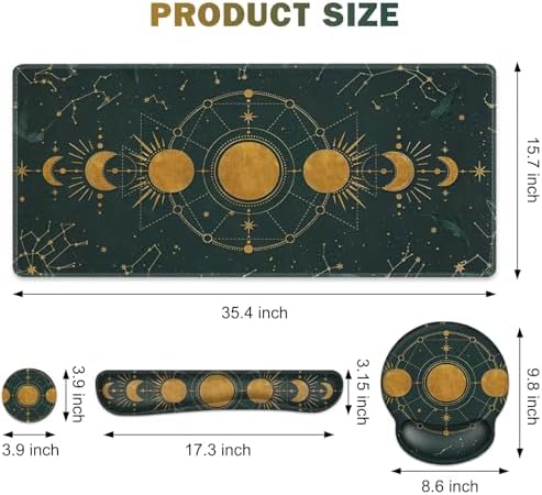Large Desk Mat, Gaming Mouse Pad, Desk Pad Protector, XXL Mousepad + Keyboard Wrist Rest+Mouse Wrist Rest+Coaster Ergonomic Desk Pad for Home Office Decor, Dark Green Gold Moon Phases Constellation