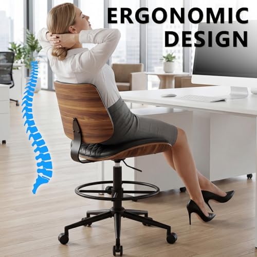 Drafting Chair with Adjustable Footrest, Rolling Walnut Stool, Black