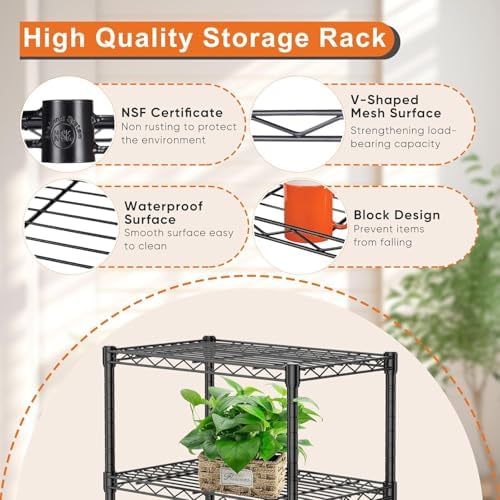 HealSmart 5-Tier Metal Wire Storage Shelves, Adjustable Standing Storage Rack Shelf, Heavy Duty Steel Shelving Unit Organizers for Kitchen Bathroom Pantry Garage, 23.3" W×13.4" D×60" H, Black