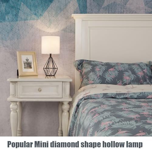 Black Bedside Table Lamp,Small Nightstand Lamp for Bedroom,Modern Desk Lamp with TC Fabric Shade Geometric Metal Base for Living Room Study Office Farmhouse