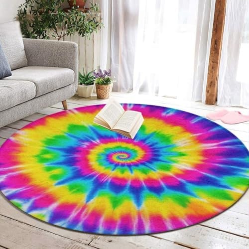 Fashion Round Area Rug Large Non Slip Carpet, Red Blue Yellow Spiral Tie Dye Rainbow Unisex Home Decor Mat