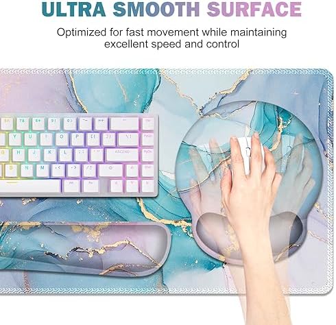 ToLuLu Desk Mat, XXL Large Mouse Pad Wrist Support Set，4 in1 Gaming Mousepad Desk Pad+ Ergonomic Mouse Pad with Wrist Rest + Keyboard Wrist Rest+Coaster for Home Office Computer, Blue Glitter Marble