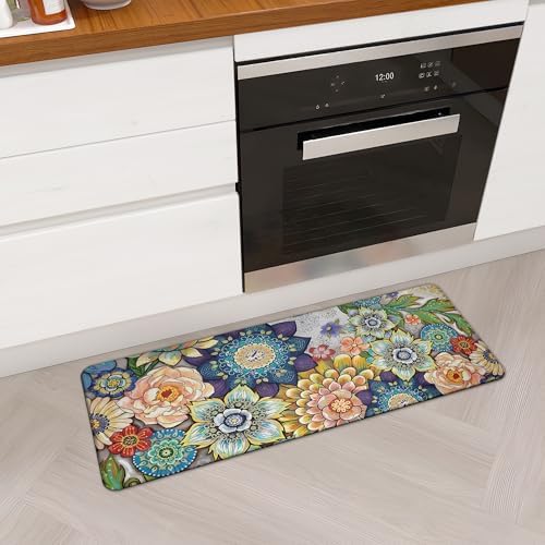 Floral Kitchen Runner Rug Mat for Floor Boho Cushioned Anti-Fatigue Mat Non-Slip Standing Desk Waterproof Comfort Floor Mat for Sink, Office, Laundry, 17.3x47 Inch