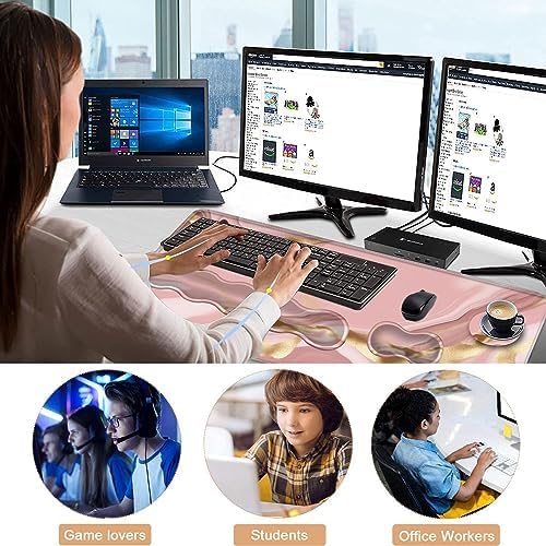 Keyboard Wrist Rest and Mouse Pad with Wrist Support Set Ergonomic Coaster,Memory Foam,Easy Typing Pain Relief,Large XL Desk Mat 31.5"x 11.8",Pink Marble