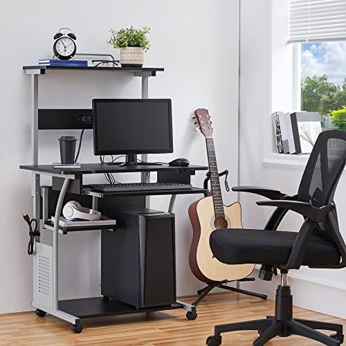 Topeakmart Rolling Computer Desk with Charging Station and 2 USB Ports for Small Space, Study Writing Desk with Keyboard Tray and Printer Shelf for Home Office, Compact Study Table with Wheels, Black