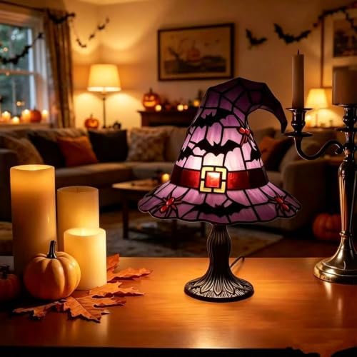 Stained Glass Witch Hat Lamp, Handcrafted Resin Halloween Witch Lamp (Purple)