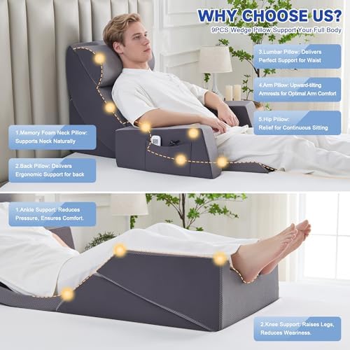 Yojoker Orthopedic Bed Wedge Pillow Set for Sleeping, Post Surgery Foam for Body, Back and Leg Pain Relief Comfortable & Adjustable Support Pillows-Anti Snoring, Heartburn (Full Gray, 9 Piece Set)