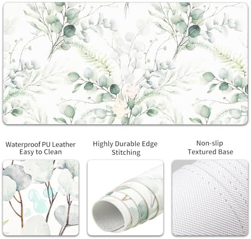 QiyI PU Leather Desk Mat Set, 4-in-1 Ergonomic Wrist Rest, Eucalyptus Leaf