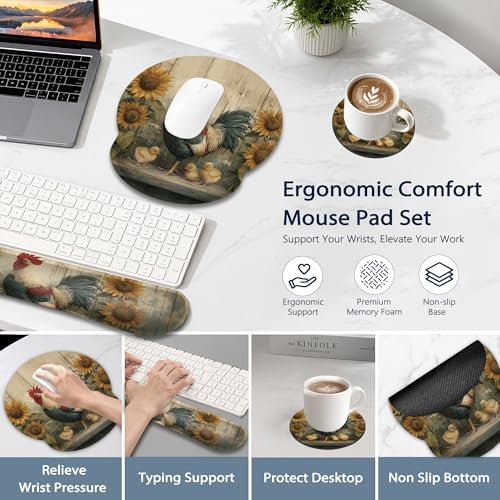 Rooster Ergonomic Memory Foam Wrist Rest Set for Keyboard and Mouse,Sunflower Vintage Wooden Board Supportive Mouse Pad with Non Slip Base for Office Work and Gaming