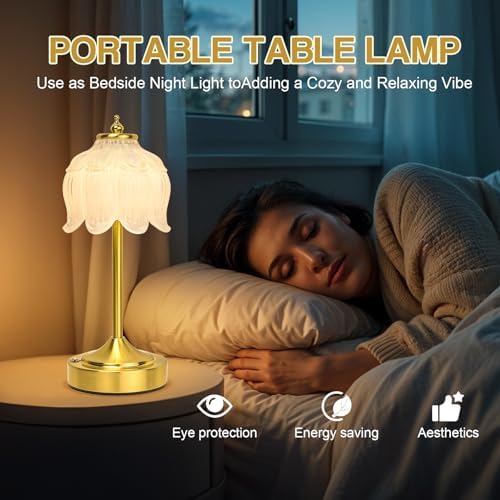 Cordless Table Lamp, Rechargeable White Glass Lotus Flower Lamp