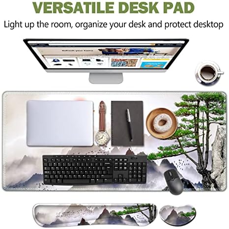 AIMSA Large Gaming Mouse Pad Set, Keyboard Wrist Rest Support + Extended Mouse Pad + Mouse Wrist Cushion + Coaster, Ergonomic Memory Foam Desk Mat 35x15.7in Anti-Slip Base (Pine Tree Mountains)