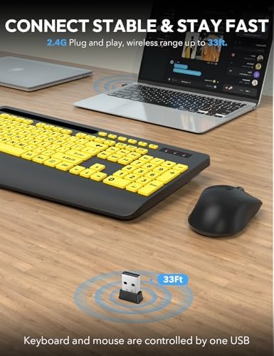 SABLUTE Wireless Keyboard and Mouse Combo with Large Print, Ergo Wrist Rest