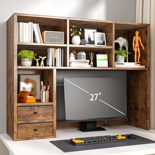 REIBII Desktop Bookshelf, 8 Shelves Desk Hutch for Dorm Room, Rustic Brown