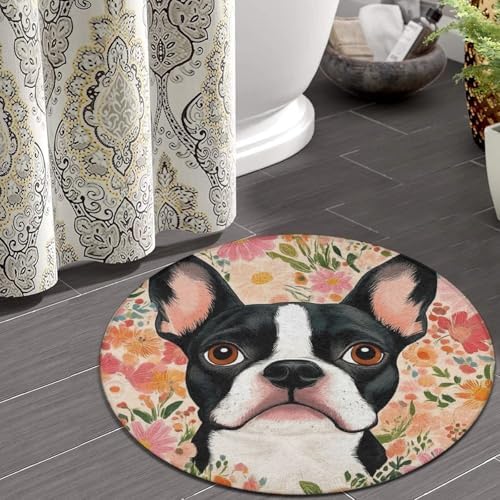 Machine Washable Modern Round Area Rug, Room Sofa Yoga Soft Round Carpet, Home Decor Non Slip Kitchen Office Circle Rug Boston Terrier Floral, 24inch