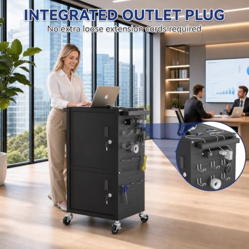 Mobile AV Cart Heavy Duty Computer Cart with 2 Locking Cabinets Rolling Media Cart with Outlets Pegboard Hooks Lock Brake Wheels Mobile Computer Workstation Perfect for Home Office