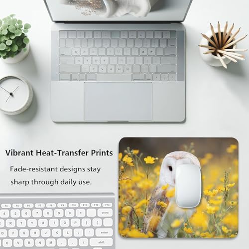 White Barn Owl Spring Yellow Wildflowers Mouse Pad, Cute Durable Desk Mat