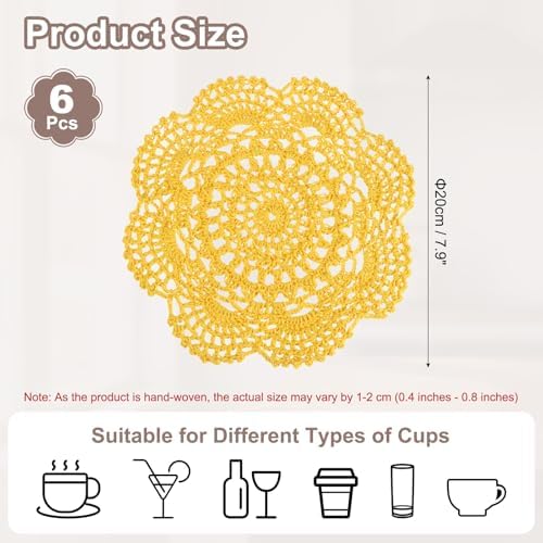 uxcell 6 Pcs Crochet Handmade Cotton Placemat Doilies for Table 7.9" Yellow