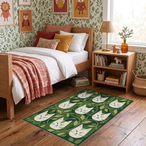 3'x5' Green Cat Forest Faces Interlinked by Ultra-Soft Throw Mat