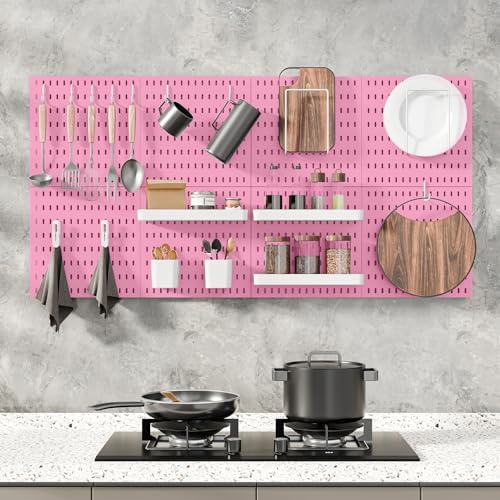 MULSAME Pegboard Combination Kit, Wall Mounted Storage Set with 4 Pegboards & 14 Accessories Hanging, Pink Peg Boards Organizer for Walls Display, Crafts Organization, Kitchen Organizer, 22" x 22"